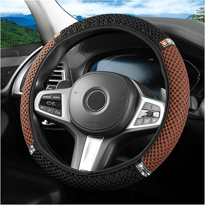 Bling Car Steering Wheel Cover, 15 Inch Crystal Rhinestones Elastic Stretch Breathable Vehicle Steering Wheel Protector for Women Girls, Universal Auto Interior Accessories (Black Coffee)