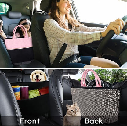 eing Crystal Car Organizers and Storage Purse Holder, Car Seat Back Net Handbag Accessories with Bling Diamonds for Women, Car Pet Barrier for Dogs and Kids, Gold