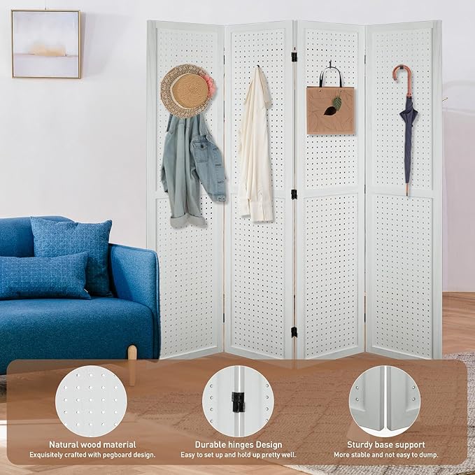 ECOMEX 4 Panel Room Divider, 5.6Ft Pegboard Display Wooden Room Divider Folding