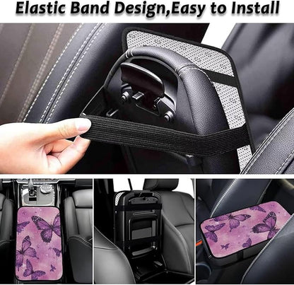 Purple Butterfly Auto Armrest Cover Flannel Anti-Slip Armrest Cover Car Soft Comfortable Cover Center Console Lid Protector Universal Fit Sedans,Cars,Vans,SUV,Truck