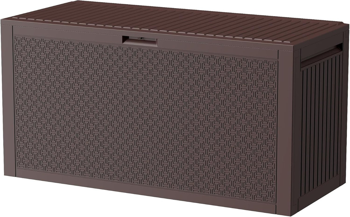 ZYJOYY 90 Gallon Resin Deck Box, Weatherproof Outdoor Storage Box for Patio, Garden, Pool, and Yard, Lockable Waterproof Bin for Tools, Cushions, and Accessories, Brown