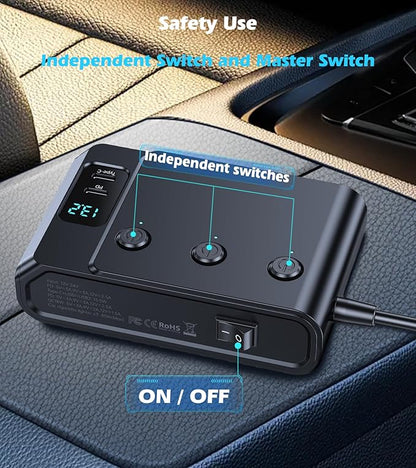 9 in 1 Cigarette Lighter Splitter, USB C Car Charger Adapter with PD30W, 3 Sockets with Independent Switches, LED Voltmeter 12V Power Outlet TSNAM