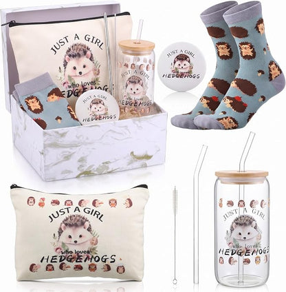 Kacctyen 5 Pcs Christmas Hedgehog Gift for Women Hedgehog Accessories 16oz Glass Cup Tumbler with Lid Straw Makeup Cosmetic Bag Pocket Mirror Sock for Daughter Sister Bestie Birthday Animal Lover Gift