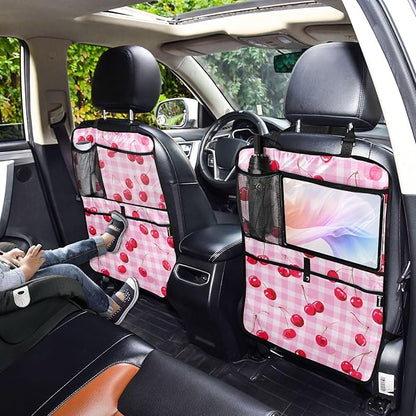 1 Pack Back Seat Car Organizer with Storage Pockets Kick Mats Back Seat Protector Hanging Car Organizer Automotive Seat Back Cover Organizers Pink Juicy Checkered Cherry