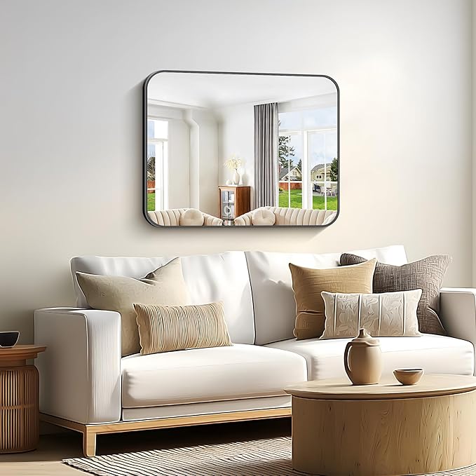 Bathroom Mirror, 30 x 24 inch Metal Framed Black Rectangle Mirror, Rounded