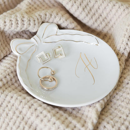 COLLECTIVE HOME - Personalized Initial Ceramic Jewelry Tray with Bow, Christmas Gift Ideas for Women, Small Gift for Girlfriend Wife, Ring Holder, Earrings Dish, Birthday Gift for Her (H)