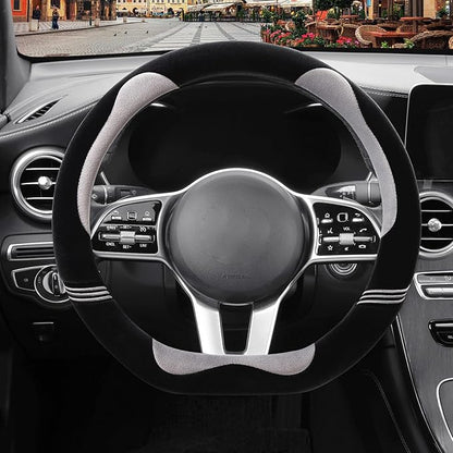 Furry Cute D Shaped Steering Wheel Cover, Soft Fluffy Short Plush Auto Accessories, Non-Slip Cold-Proof Sweat-Proof Colorfast, Universal 15 inch(Black with Gray)
