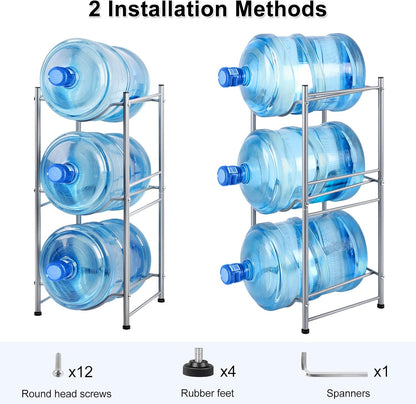 smusei 5 Gallon Water Bottle Holder Water Cooler Jug Rack for 3 Bottles Storage Detachable Heavy Duty Water Jug Organizer Stand for Home Office Kitchen Silver