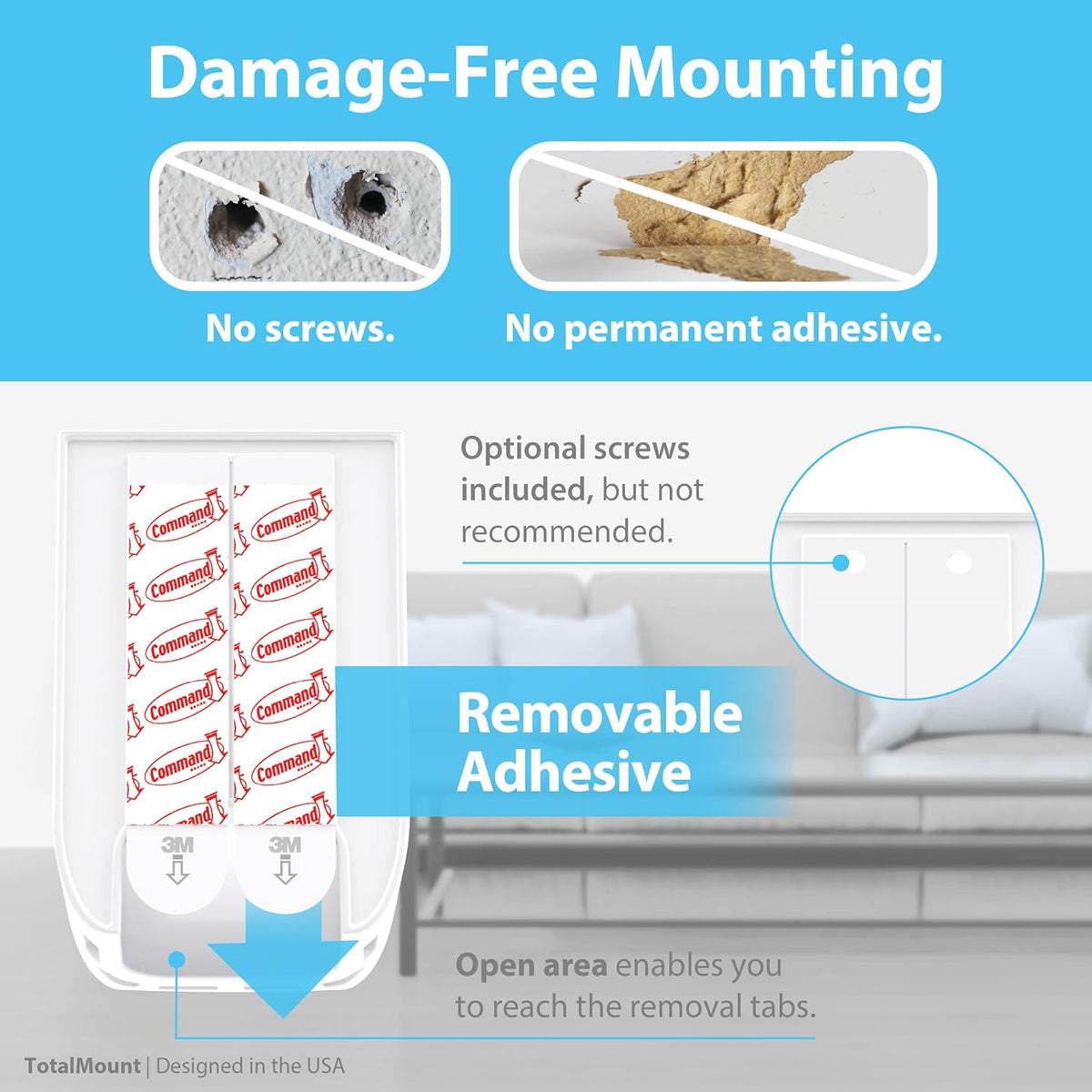 TotalMount Hole-Free Remote Holders – Eliminate Need to Drill Holes in Your Wall (White Remote Control Holders, Quantity 2)