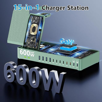 600w Charging Station for Multiple Devices, 15 in 1 Wireless Charger
