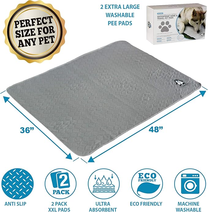 Washable Pee Pads for Dogs XXL (2 Pack), Reusable Puppy Training Pads, Ultra Absorbent & Waterproof Pet Mat for Senior Dogs, Non-Slip, Floor & Furniture Protector (36"x48") by Trendy Den Creations