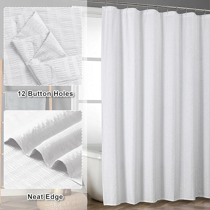 Aiyufeng Moga White Extra Long Shower Curtain 72 x 84, 3D Embossed Textured Fabric Shower Curtain for Bathroom, Water Repellent, Machine Washable, White