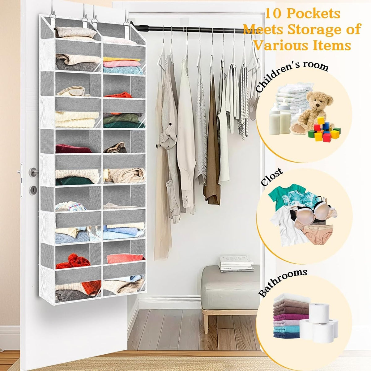 Over The Door Organizer, 5-Tier Extra Large Behind Door Storage with 10 Big Front & 10 Mesh Pockets, 80lb Capacity, Hanging Storage Organizer with Clear Window Kids Toys, Shoes, Diapers, Light Grey