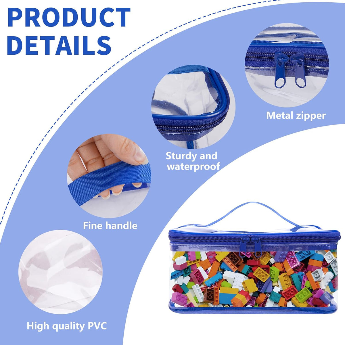 3 Packs Clear Toy Storage Bags- 9.4 x 6.7 x 4.3 Inch Transparent PVC Toy Organizing Bags with Zipper- Waterproof Toy Storage Organizer Pouch for Building Blocks, Small Toys (Blue)