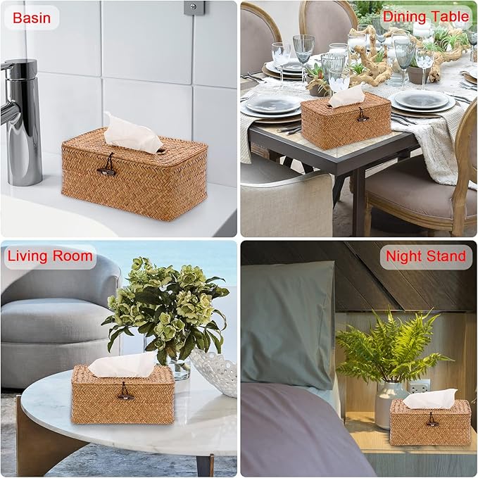 Sumnacon Tissue Box Cover Rectangle Tissue Box Seagrass Tissue Box Holder Woven Tissue Holder Decorative Tissue Cover for Bathroom Tissue Box Cover Rectangular for Home Office Table Caramel