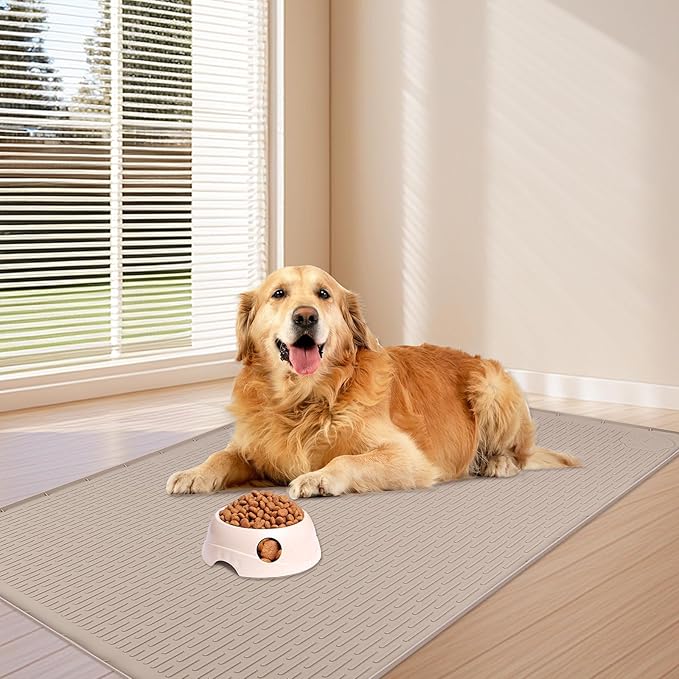 Bartuke Dog Food Mat, Extra Large 57" x 40" Silicone Pet Feeding Mat with Raised Edge Pet Placemat for Small, Medium, and Large Pets Non-Slip, Easy to Clean (Khaki)