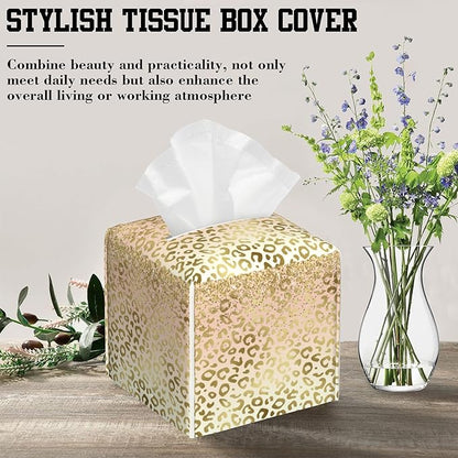 OHEGBXE Tissue Box Holder Golden Leopard Print Square Leather Tissue Box Cover Modern Cube Facial Paper Cover Case for Bathroom Vanity Countertop Night Stands Tabletop
