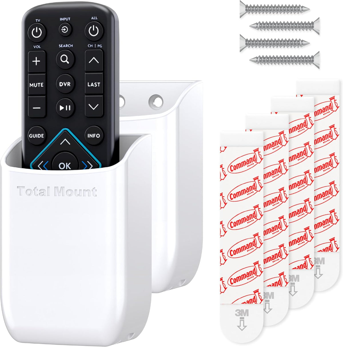 TotalMount Hole-Free Remote Holders – Eliminate Need to Drill Holes in Your Wall (White Remote Control Holders, Quantity 2)