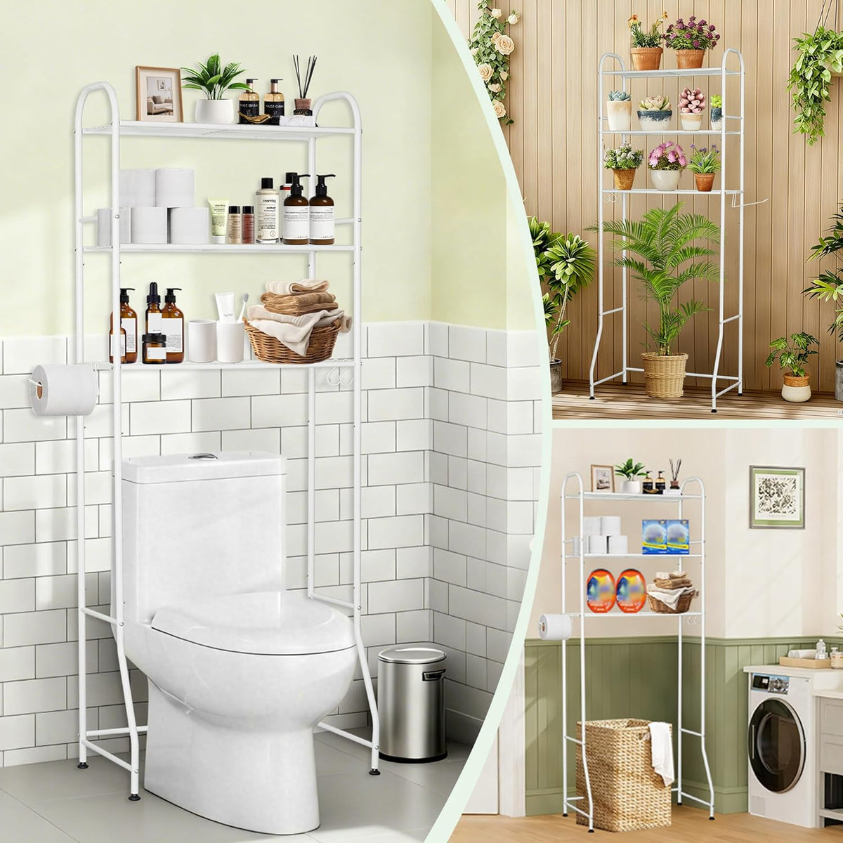 3-Tier Over The Toilet Storage, Metal Over Toilet Bathroom Organizer and Storage for Small Space, Bathroom Shelves Rack with 3 Hooks and Paper Holder, White