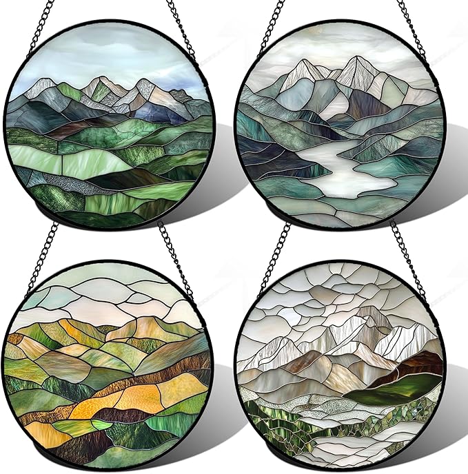 AMDERVEN Stained Glass Window Hanging 4 Pcs Set Mountain River Landscape 7.8"