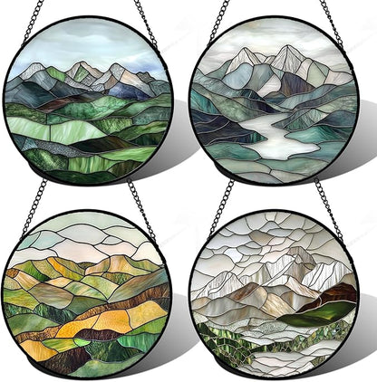 AMDERVEN Stained Glass Window Hanging 4 Pcs Set Mountain River Landscape 7.8"