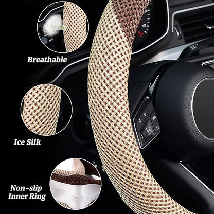 KAFEEK Steering Wheel Cover, Universal 15 inch, Microfiber Breathable Ice Silk, Anti-Slip, Odorless, Beige& Brown