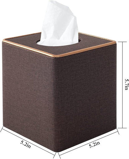 RHCSZ Linen Square Tissue Box Cover,Cube Tissue Box Holder－Excellent Rosegold Leather Decoration,Table Napkin Case Dispenser,Facial Tissues Organizer with Magnetic Bottom for Home Office Car(Coffee)