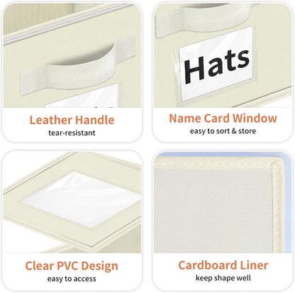 Hat Organizer for Baseball Caps - 2PCS Stackable Storage with Clear Window Lid, Flip-Top Access, Space-Saving Hat Box for Closet, Breathable Fabric (beige)