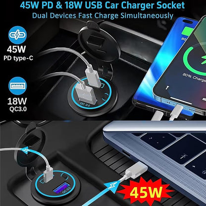 45W PD & 18W QC3.0 USB Laptop Car Charger Power Socket, Marine Type-C/USB C Port Fast Charging Adapter, 12V USB Power Outlet with ON/Off Switch Button Waterproof Cover for Boat RV Truck Golf (Blue)