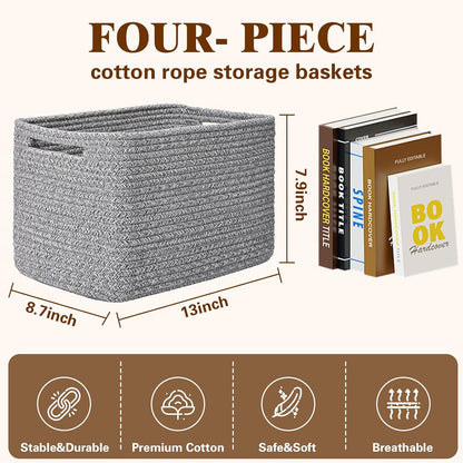 Storage Baskets for Organizing, 4 Pack Storage Baskets for Shelves, Woven Basket for Shelves, Closet Organization, Rectangle Organizer Basket Gifts Empty, 13"Lx8.7"Wx7.9"H Decorative Bins with Handles