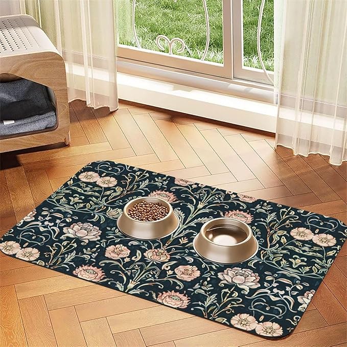 Pink Vintage Flower Dog Food Mat Absorbent Bowl Mats No Stains Quick Dry Waterproof Pet Cat Placemats for Food and Water, 30x45cm