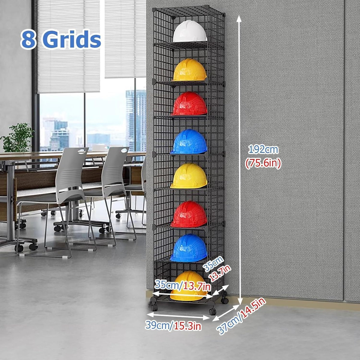 Stackable Safety Helmet Storage Boxes, Large Adjustable Hard Hat Placement Organizer Rack,with Wheels,for Construction Site/Garage/Workshop/Factory Helmet Display Shelf (Black, 8 Grids-1 * 8)