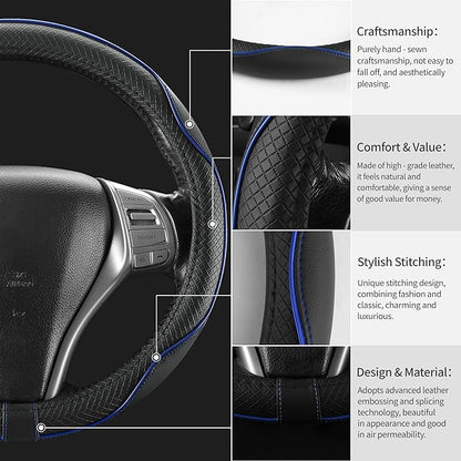 Steering Wheel Cover,Anti-Slip, Safety,Soft,Breathable,Heavy Duty,Thick,Full Surround, Sports Style,Universal Car Accessories for Women Men Fit 14" 1/2-15"(Black with Blue line)