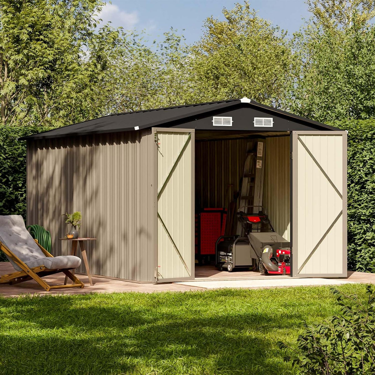 Patiowell 8 x 12 FT Metal Storage Shed for Outdoor, Steel Yard Shed with Design of Lockable Doors, Utility and Tool Storage for Garden, Backyard, Patio, Outside Use, Brown
