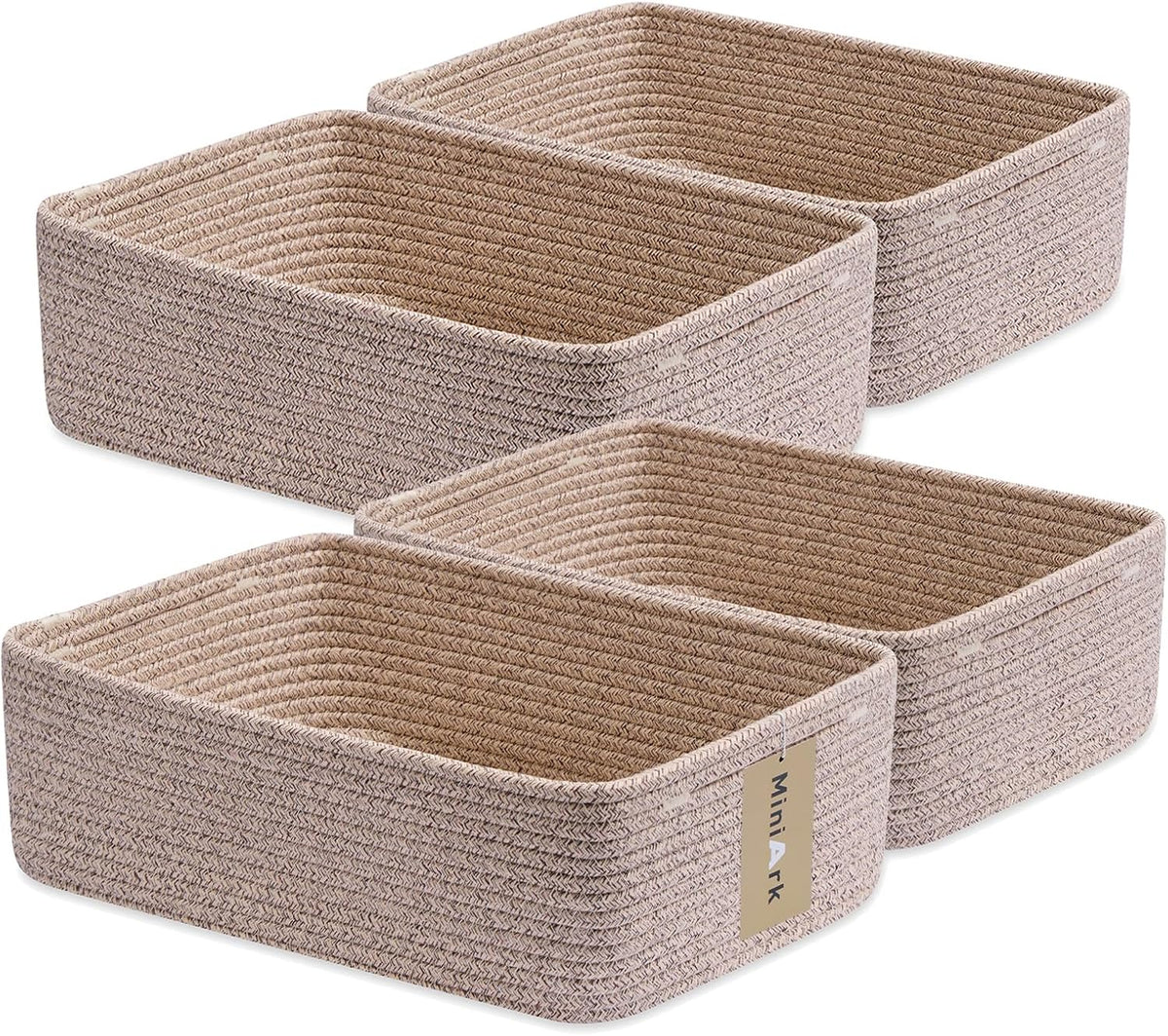 Large Shallow Organizing Baskets 15x11x5.1 Inches - Rope Woven Storage Bins for Bathroom, Shelves, Cube Closet, Mixed Brown 4 Packs