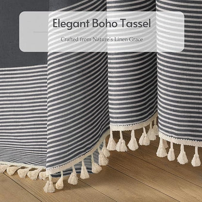 XOGUIBO Dark Grey Shower Shower Curtain Boho Linen Striped Shower Curtains for Bathroom with Tassel 72 X 72