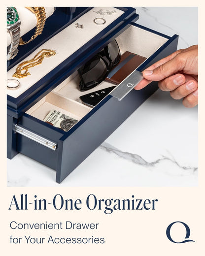 QWATCH Watch Stand Display Case - Acrylic Watch Box for 2 or 4 Watches with Jewelry Valet Tray and Drawer