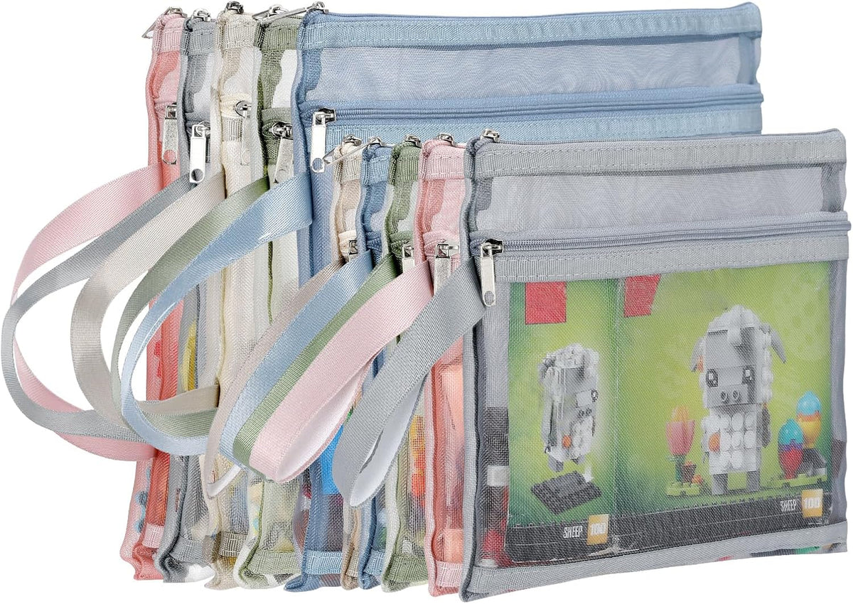 10 Pack Colored Double-Layer Mesh Zipper Pouch Bags, Nylon Building Block Sets Toy Storage & Organization, Breathable See Through (5Pcs A4+5Pcs A5) Pouch with Handle for School Office Games