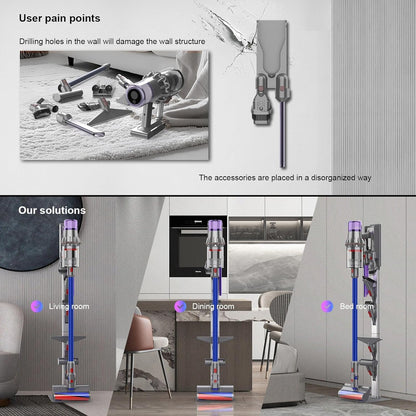 Vacuum Stand for Dyson with Foldable Storage Hooks and Heavy-Duty Carbon Steel Base, No Drill Installation, Space-Saving Organizer for All Dyson Cordless Vacuums & Accessories