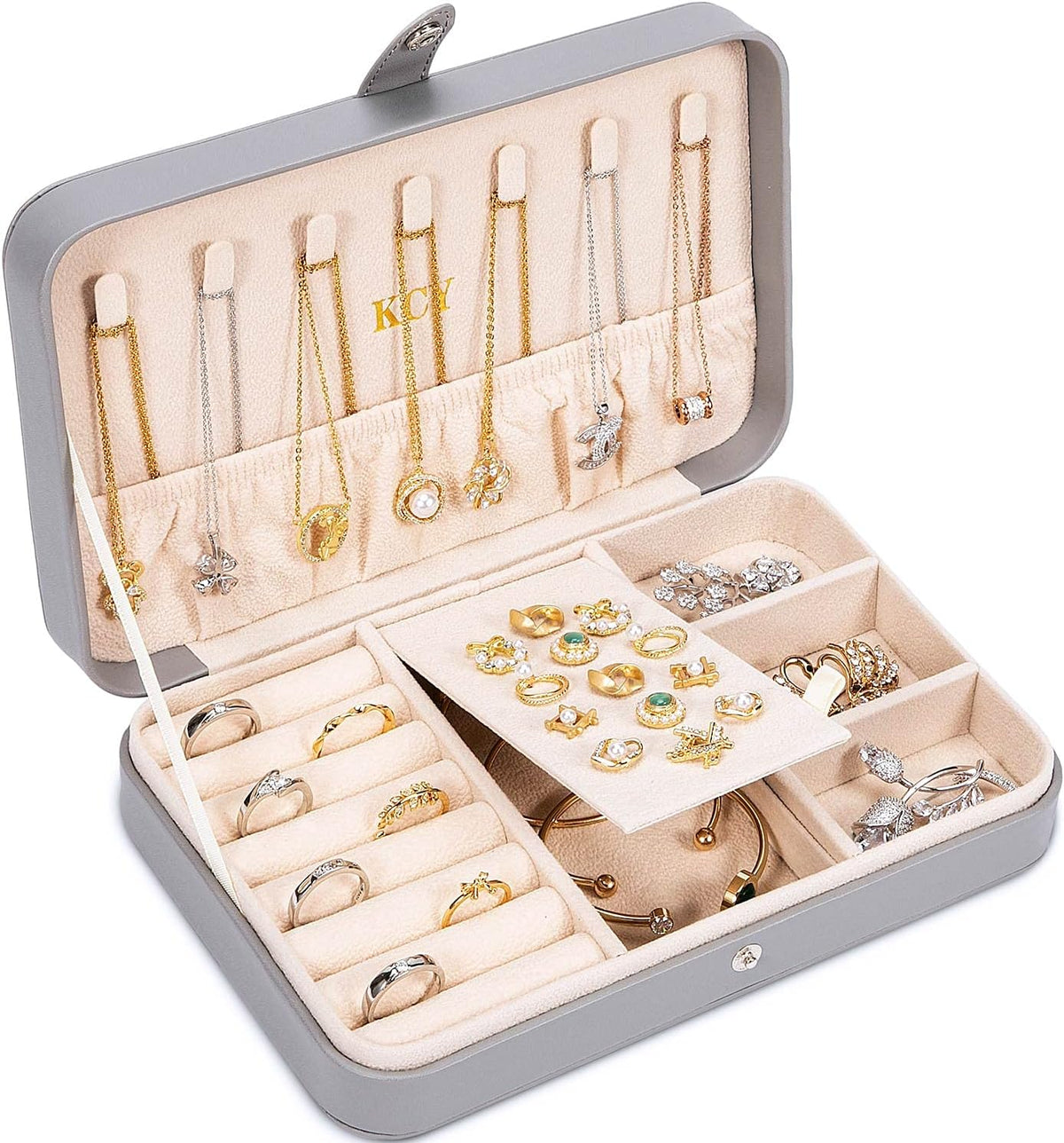 KCY Travel Jewelry Organizer Box for Women Girls, Small Travel Jewelry Case, PU Leather Portable Jewellery Storage Boxes Display Holder for Ring Earrings Necklace Bracelet Bangle, Gifts,Grey