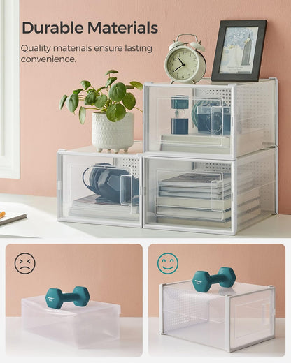 SONGMICS Shoe Boxes, Pack of 18 Shoe Storage Organizers, Stackable Clear Plastic Boxes for Closet, Sneakers, 13.7 x 9.9 x 7.4 Inches, Transparent and White ULSP18MWT