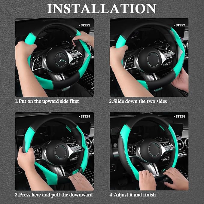 CAR PASS Faux Leather Steering Wheel Cover and Waterproof Car Floor Mats,Universal Car Combo Fit for 95% Sedan,SUV,Cars,14.5-15inch Sporty Anti-Slip Safety Comfortable Design(Black＆Mint)