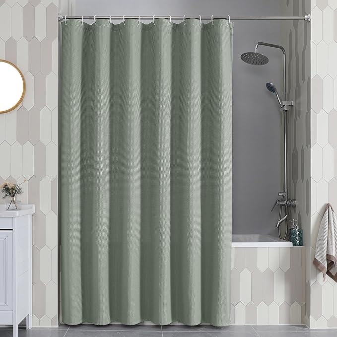 OVZME Long Fabric Shower Curtain Set, Waffle Textured Shower Curtain for Bathroom - Weight 230GSM Heavy Duty Hotel Spa Luxury Bath Curtain Set with 12 Plastic Hooks, 72x78, Sage Green