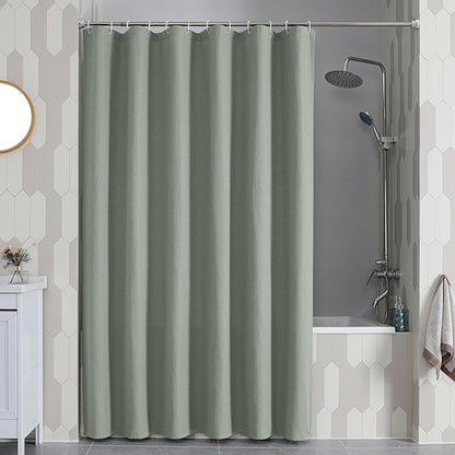 OVZME Long Fabric Shower Curtain Set, Waffle Textured Shower Curtain for Bathroom - Weight 230GSM Heavy Duty Hotel Spa Luxury Bath Curtain Set with 12 Plastic Hooks, 72x78, Sage Green