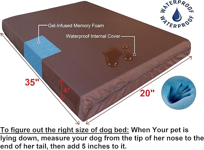 Dogbed4less Orthopedic Small Medium Cool Memory Foam Pet Dog Bed, Waterproof Liner with Khaki Microsuede Cover and Extra External Case 35X20X4 Inch