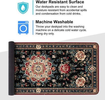 Vintage Persian Carpet Mouse Pad – Large Extended Desk Mat 35.43 x 15.75 in – Oriental Floral Rug Design, Non-Slip Rubber Base, Stitched Edges, Soft Keyboard & Mouse Mat for Office or Gaming