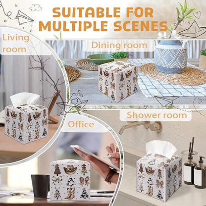 Country Christmas Tissue Box Holder, Cowgirl Boots Hat Christmas Trees Leather Tissue Box Cover Square, Paper Facial Decorative Tissues Cover for Bathroom Kitchen Office Home Decor-B33