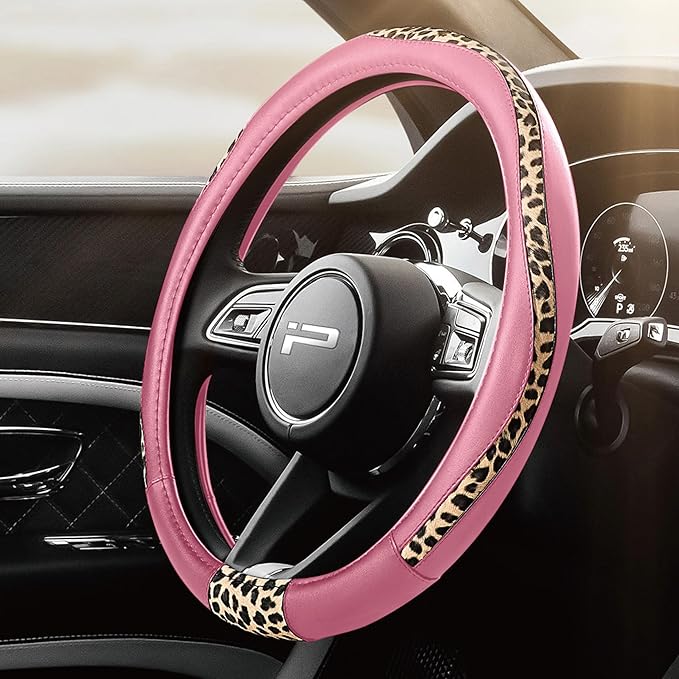Road Comforts Steering Wheel Cover - Made with PVC Leather and Leopard Fabric - Universal 14 1/2 inches to 15 inches for Most Automotive Steering Wheel - Cheetah Print -Pink