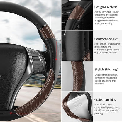 Non-Slip Car Nappa Leather Steering Wheel Cover,Universal Car Accessories Women Men Fit 14" 1/2-15" Suvs/Vans/Sedans/Cars/Trucks,Brown