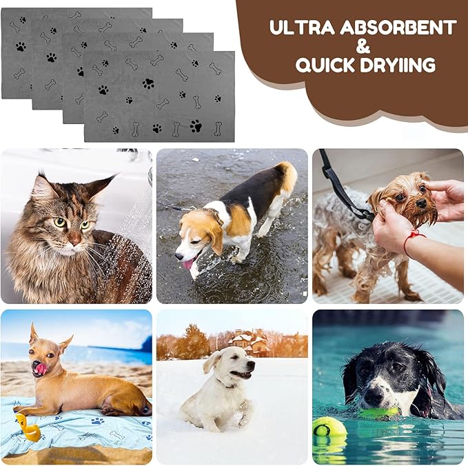 Chumia 4 Pcs Dog Towels for Drying Dog Puppy Bulk Microfiber Absorbent Paw Towel Pet Bathing Supplies Quick Drying for Medium Cats Pets Shower(55 x 28 Inch,Gray)
